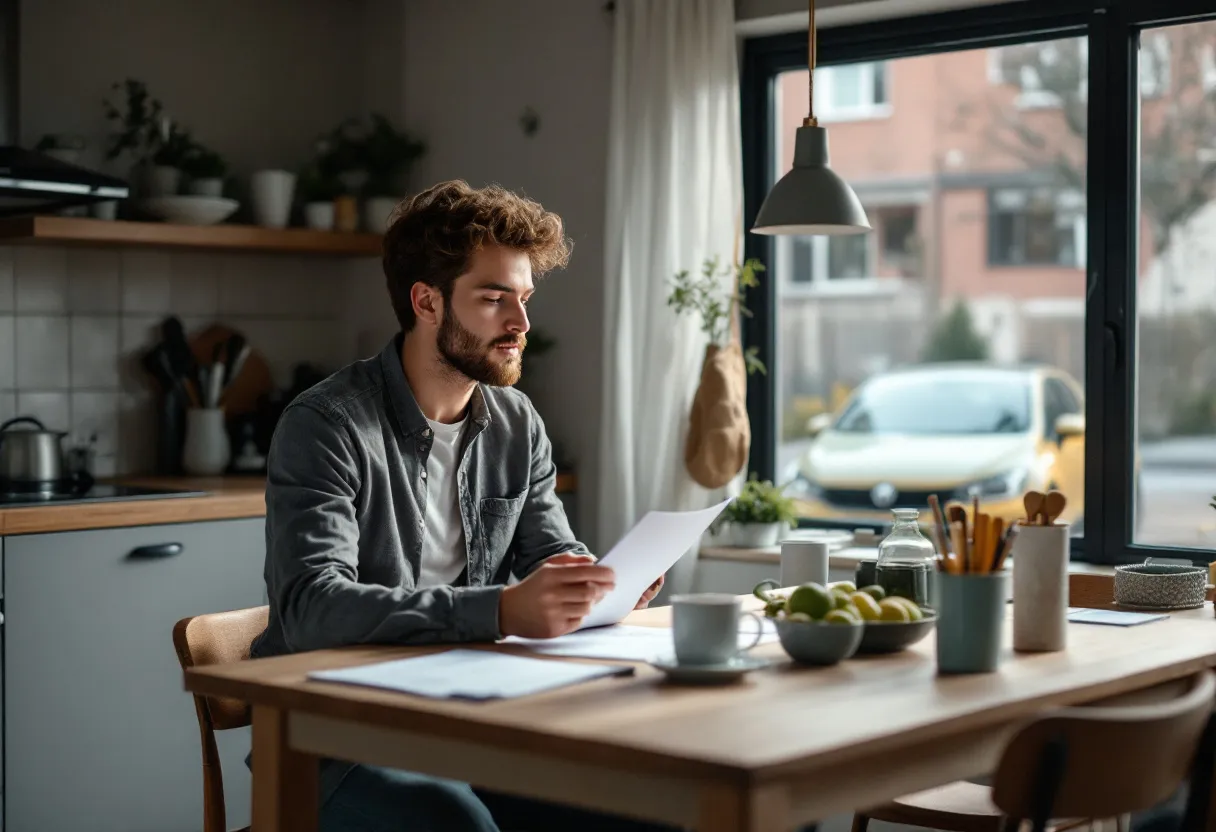 Een jonge bestuurder zit aan een keukentafel in een Vlaamse woning en vergelijkt een leasecontract met een aankoopbewijs, terwijl een tweedehandsauto zichtbaar is door het raam op de oprit.