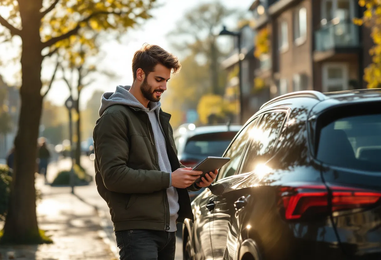 Een jonge bestuurder staat naast zijn glanzende tweedehandsauto op een zonnige oprit in een Vlaamse buitenwijk, terwijl hij een tablet vasthoudt met een autowaardeschatting en tevreden naar de auto kijkt.