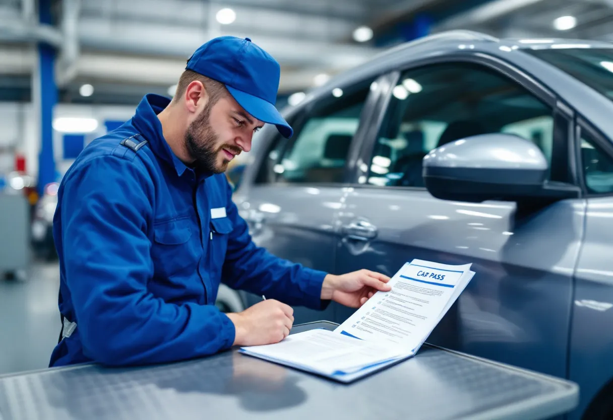 Een inspecteur in een blauwe overall controleert het chassisnummer van een zilvergrijze tweedehandsauto in een helder verlicht Vlaams keuringsstation, terwijl een Car-Pass document op een metalen tafel naast hem ligt.
