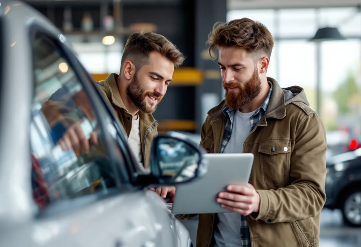 Een jonge koper inspecteert een tweedehandsauto op een oprit terwijl hij de waarde berekent op zijn laptop.