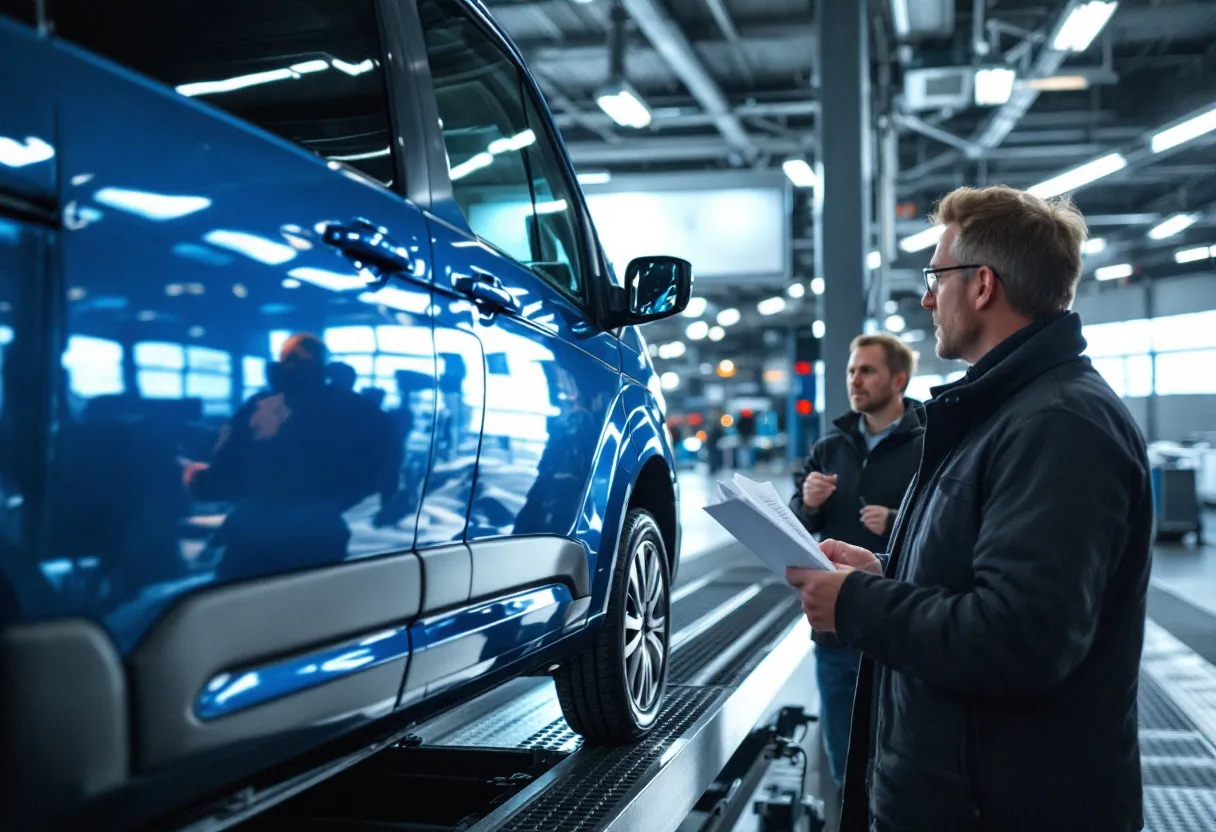 Een keurmeester in een helder verlichte Belgische autokeuringshal bekijkt de onderkant van een blauwe personenwagen op een hefbrug, terwijl de eigenaar met documenten toekijkt.