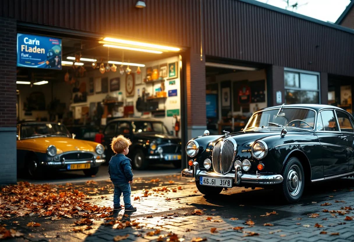 Een jonge koppel bekijkt een glanzende tweedehandsauto bij een Vlaamse garage, omringd door andere occasiewagens en een heldere hemel.