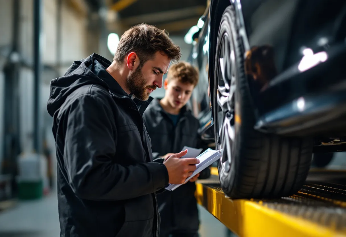 Een Vlaamse keurmeester inspecteert een tweedehands auto op een hefbrug in een helder verlichte garage, terwijl een jong koppel aandachtig toekijkt en een checklist vasthoudt.
