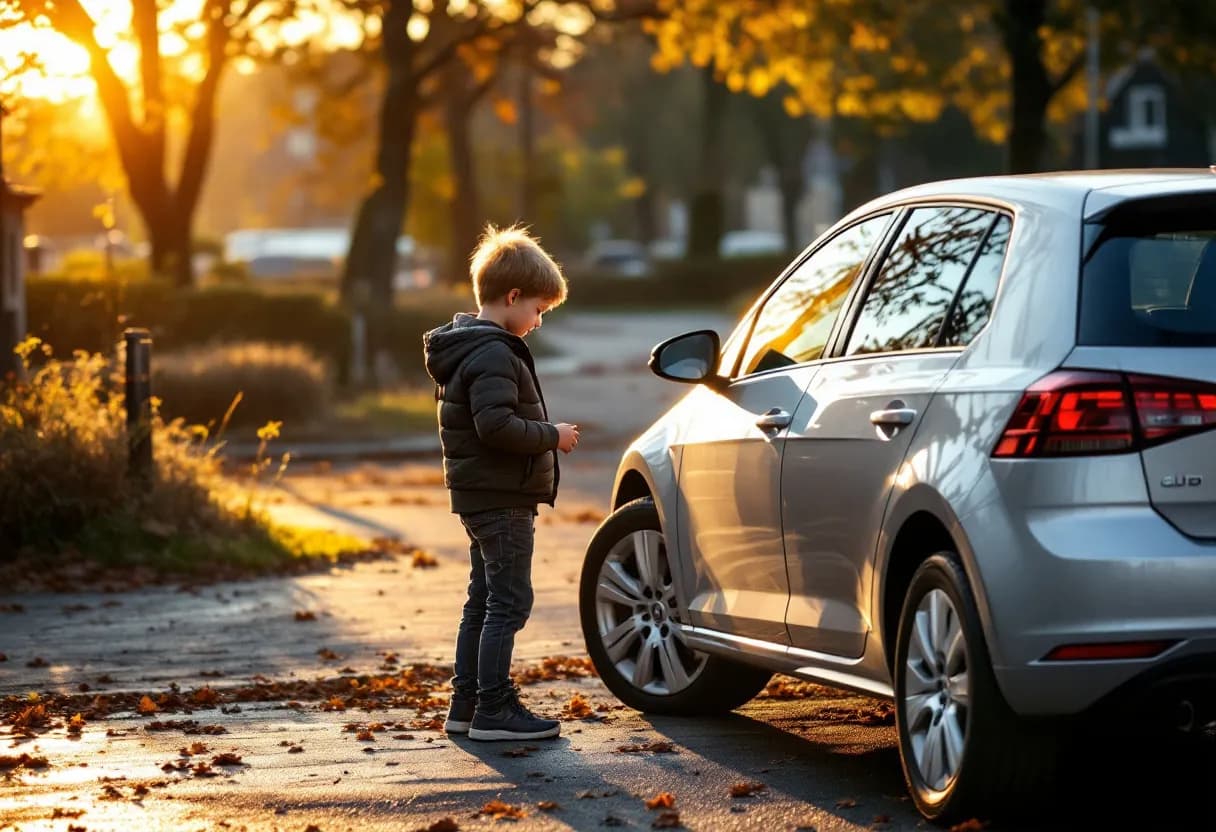 Een jonge koppel inspecteert aandachtig een zilvergrijze tweedehandsauto op een parkeerterrein met kasseien en typische Vlaamse bakstenen gevels op de achtergrond, terwijl de late namiddagzon warm licht werpt.