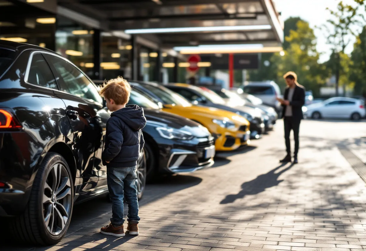 Een jonge koppel bekijkt een rij glanzende tweedehandsauto's op een zonnige parkeerplaats bij een Vlaamse garage, met prijskaarten op de voorruit en een adviseur die uitlegt.