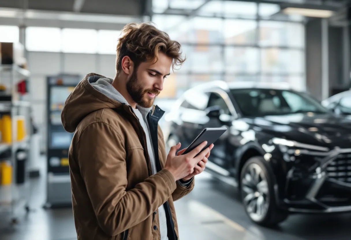 Een jonge Vlaming bekijkt op een tablet een autowaarde-vergelijkingstool terwijl hij naast een glanzende tweedehands stadsauto staat in een moderne garage met prijsetiketten op de ruiten.