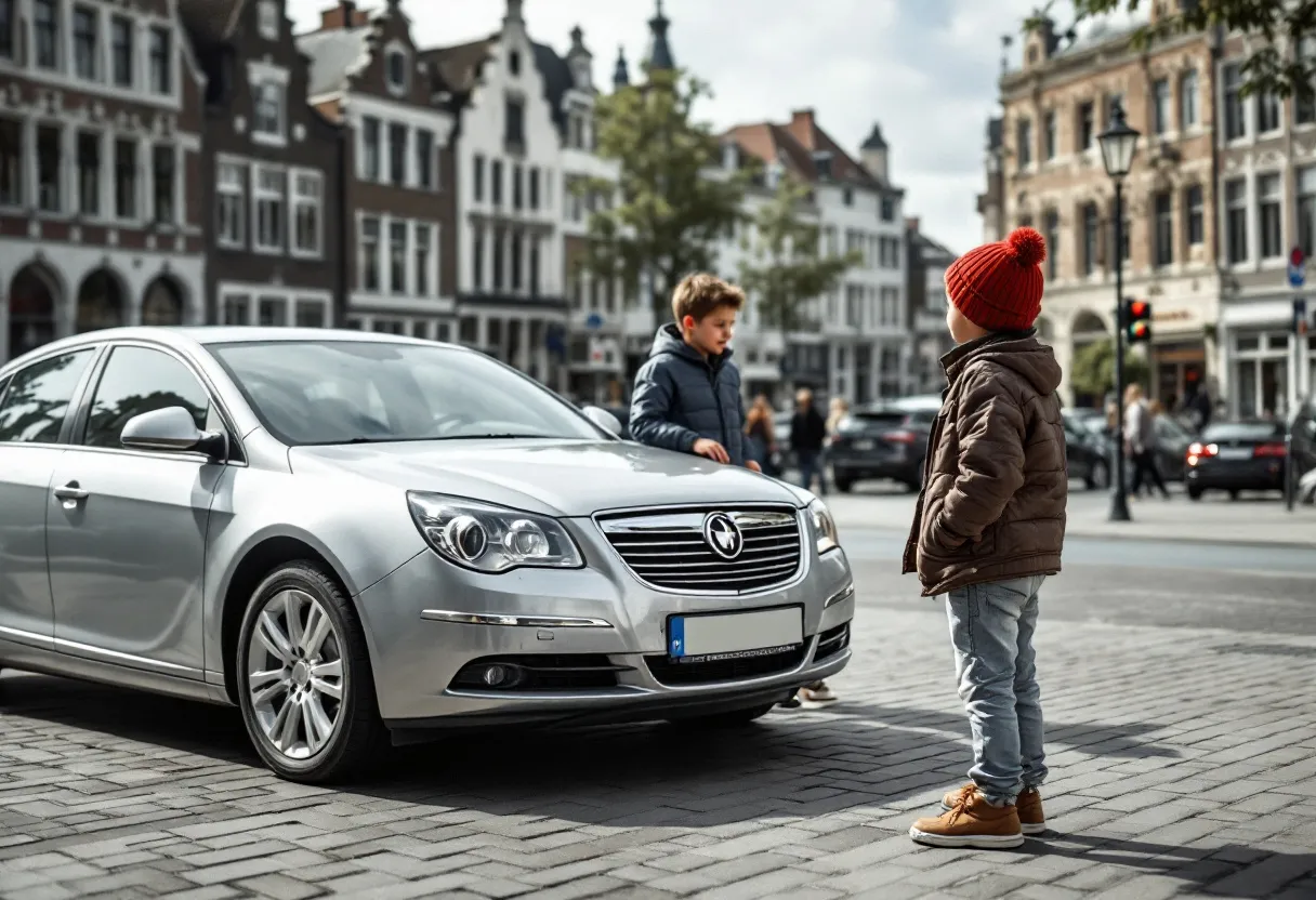 Een jonge koppel bekijkt trots een glanzende zilveren tweedehandsauto op een parkeerplaats in het centrum van Gent, met historische gebouwen op de achtergrond en een straatlantaarn die oplicht in de schemering.