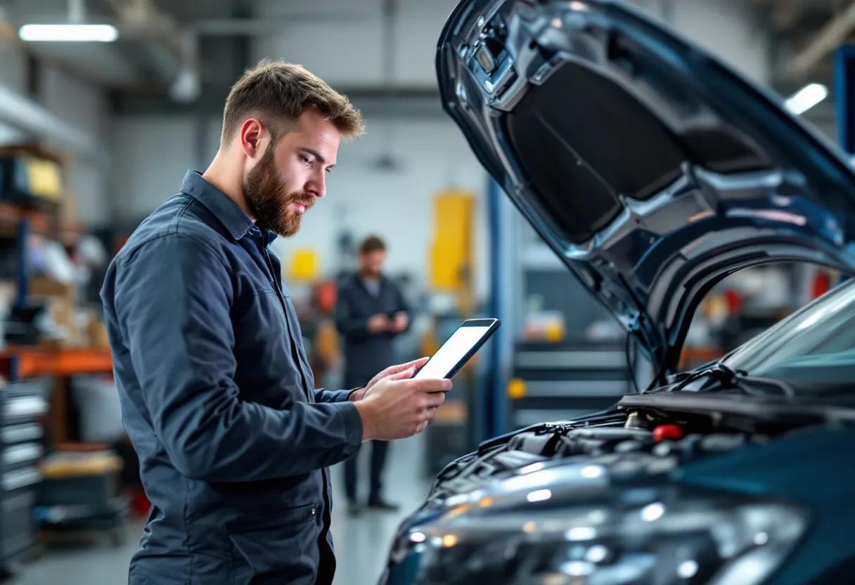 Een monteur in een Vlaams garagebedrijf bekijkt het onderstel van een tweedehandsauto met een zaklamp, terwijl op de achtergrond een klant een Car-Pass-document op een tablet leest.