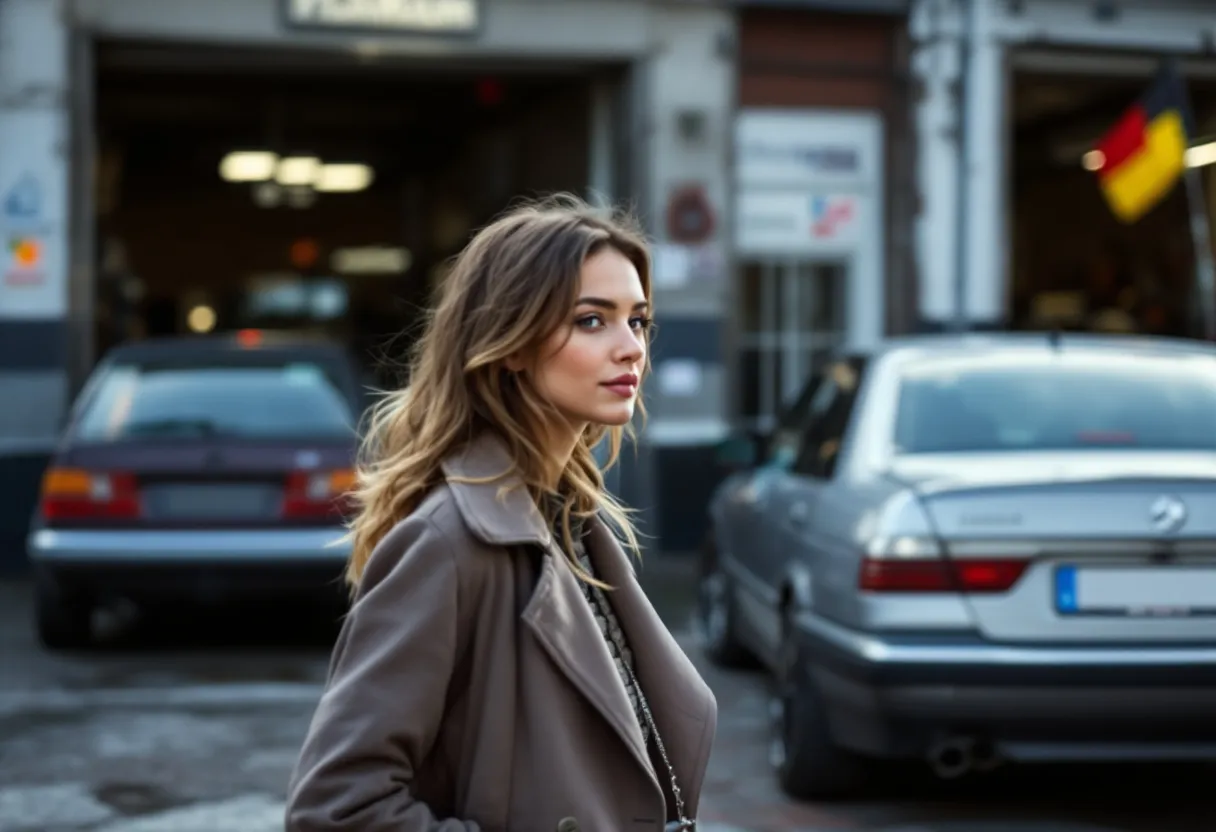 Een glimlachende jonge vrouw bekijkt een zilvergrijze stadsauto bij een erkende garage in Antwerpen, met op de achtergrond een rijtje geparkeerde tweedehandsauto's en de Vlaamse vlag.