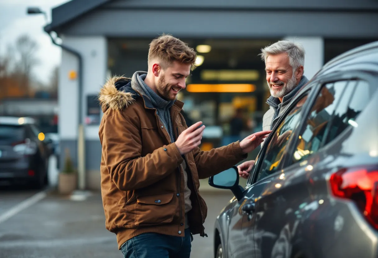 Een jonge man met een glimlach inspecteert een zilvergrijze tweedehands auto op de parking van een lokale garage in Vlaams-Brabant, terwijl een verkoper vriendelijk uitleg geeft.