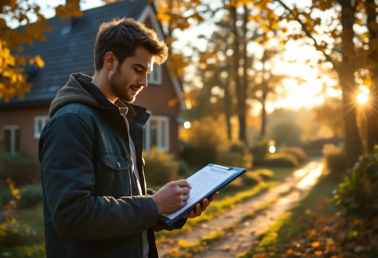 Een jonge Vlaming met een checklist in de hand onderzoekt een zilvergrijze tweedehandsauto op een oprit voor een typisch Vlaams huis, terwijl de zon door de bomen schijnt.