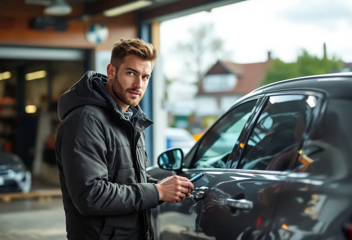 Een jonge bestuurder glimlacht terwijl hij de sleutels van een grijze tweedehandsauto in ontvangst neemt bij een Vlaamse garage met een woonwijk op de achtergrond.