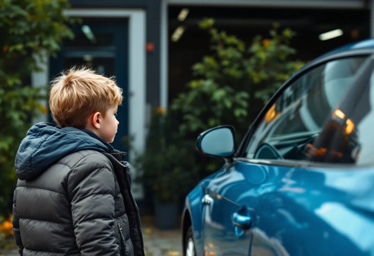 Een jonge koppel bekijkt een glanzende blauwe tweedehandsauto bij een Vlaamse garage, met groene bomen op de achtergrond.