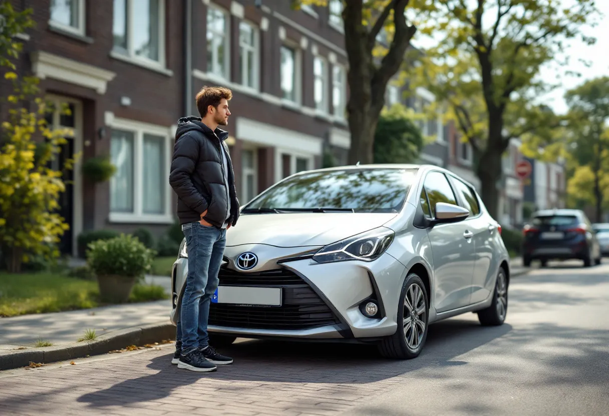 Een jonge bestuurder staat naast een zilvergrijze Toyota Yaris Hybrid automaat geparkeerd in een zonnige Vlaamse straat met kasseien, hij kijkt tevreden naar de auto terwijl hij de automaat hendel vasthoudt.